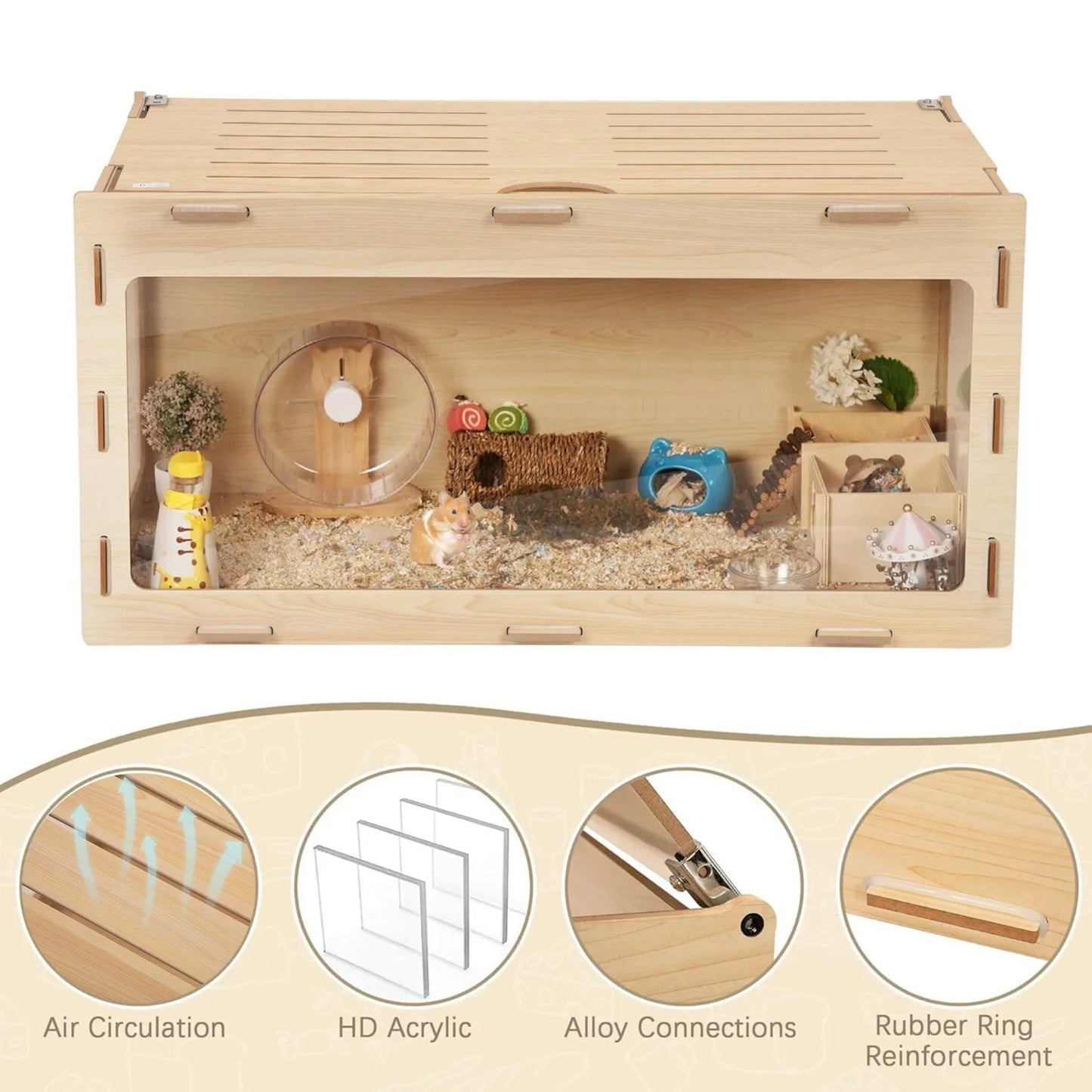 Large Wooden Hamster Cage,Habitat Shelter W/Acrylic Board,Flip Top