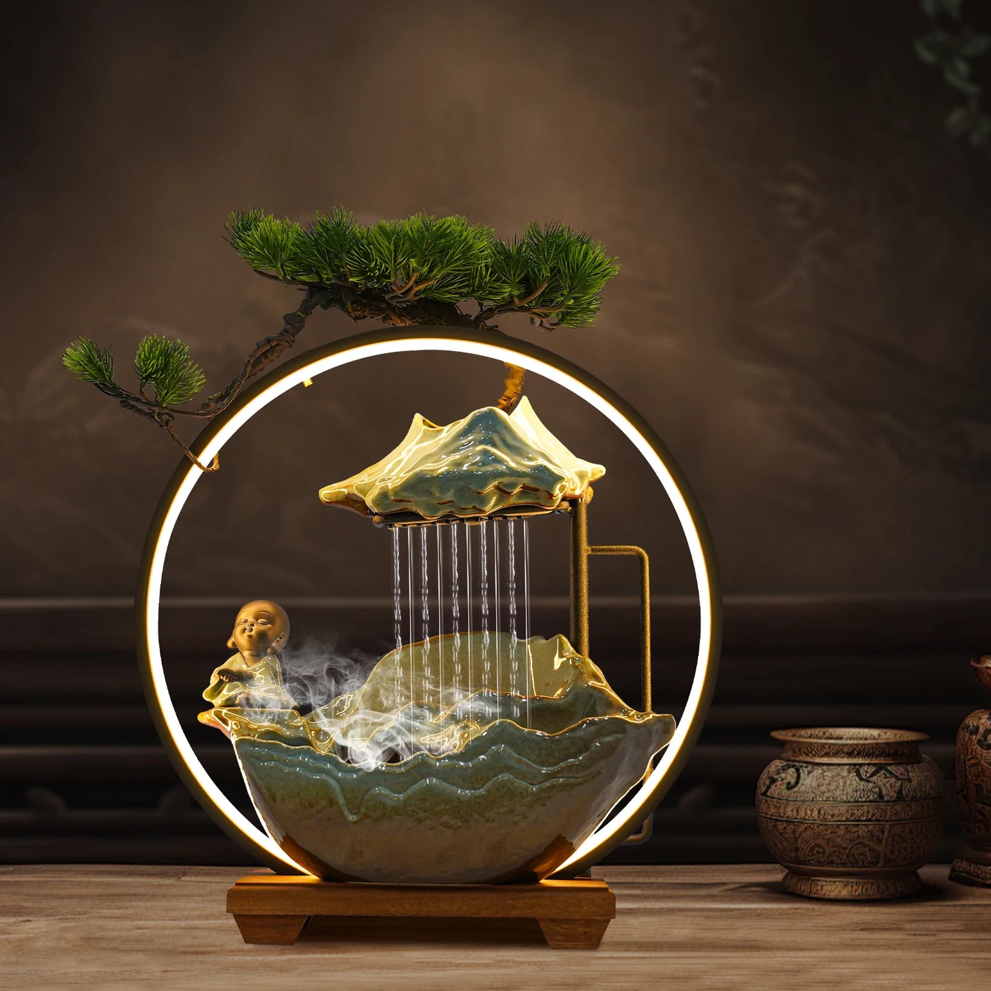 Desktop Water Fountain Decoration Chinese ancient style small flowing ornaments Poetry and Book Monk Ceramic decoration Indoor