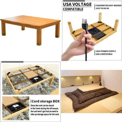 Japanese Style Electric Heated Kotatsu Table - Wooden Chabudai Furniture with 120V Heater for Dining and Work