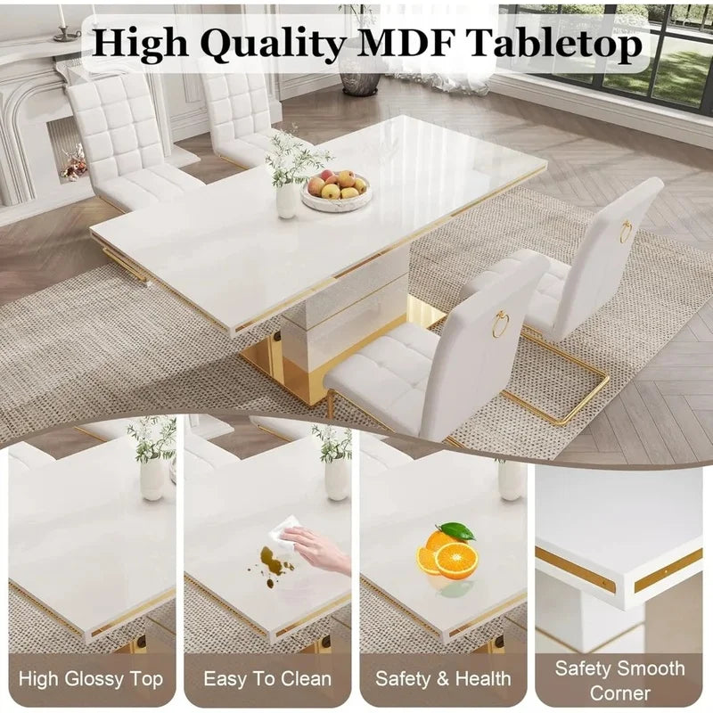 Modern 5-Piece Dining Set with 63" White Gloss Table and 4 PU Leather Chairs for Kitchen and Dining Room