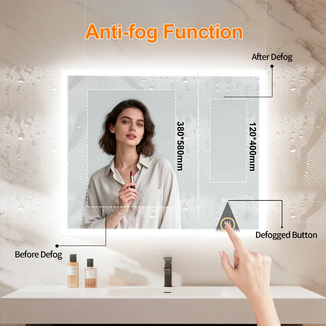 Lighted Bathroom Cabinet: Double Doors LED Lighted Mirror Bathroom Cabinet with Bluetooth Dual Speakers, Wall-Mounted Medicine C