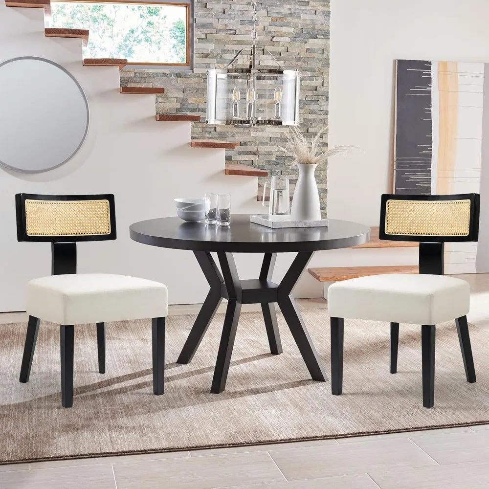 4-Pack Mid-Century Rattan Dining Chairs Fabric Upholstered with Black Wood Frame, Curved Back & Armless Design