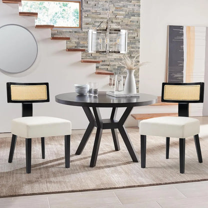 4-Pack Mid-Century Rattan Dining Chairs Fabric Upholstered with Black Wood Frame, Curved Back & Armless Design