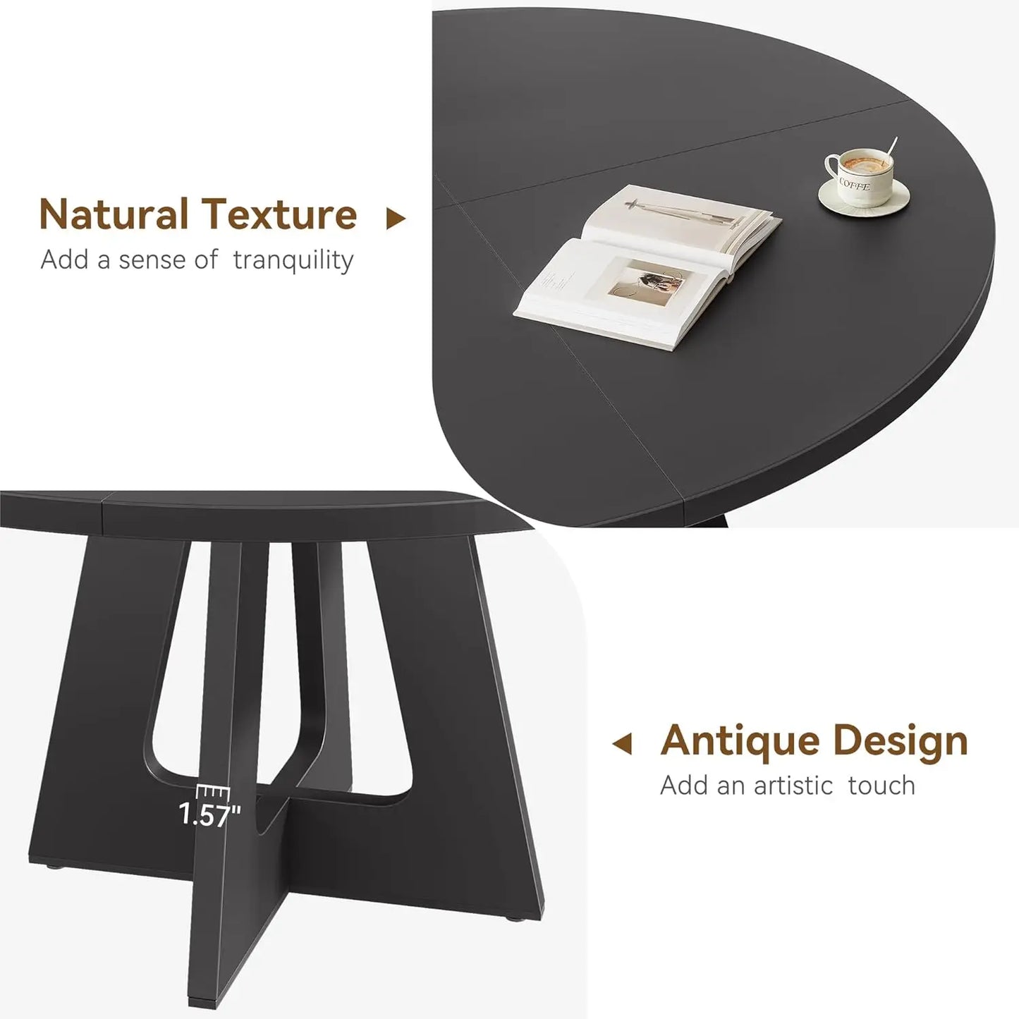 120 x 120 x 53 cm Round Dining Table for 4-6 People Space Saving Rustic Wooden Kitchen Table with Wood Base and Tabletop Black