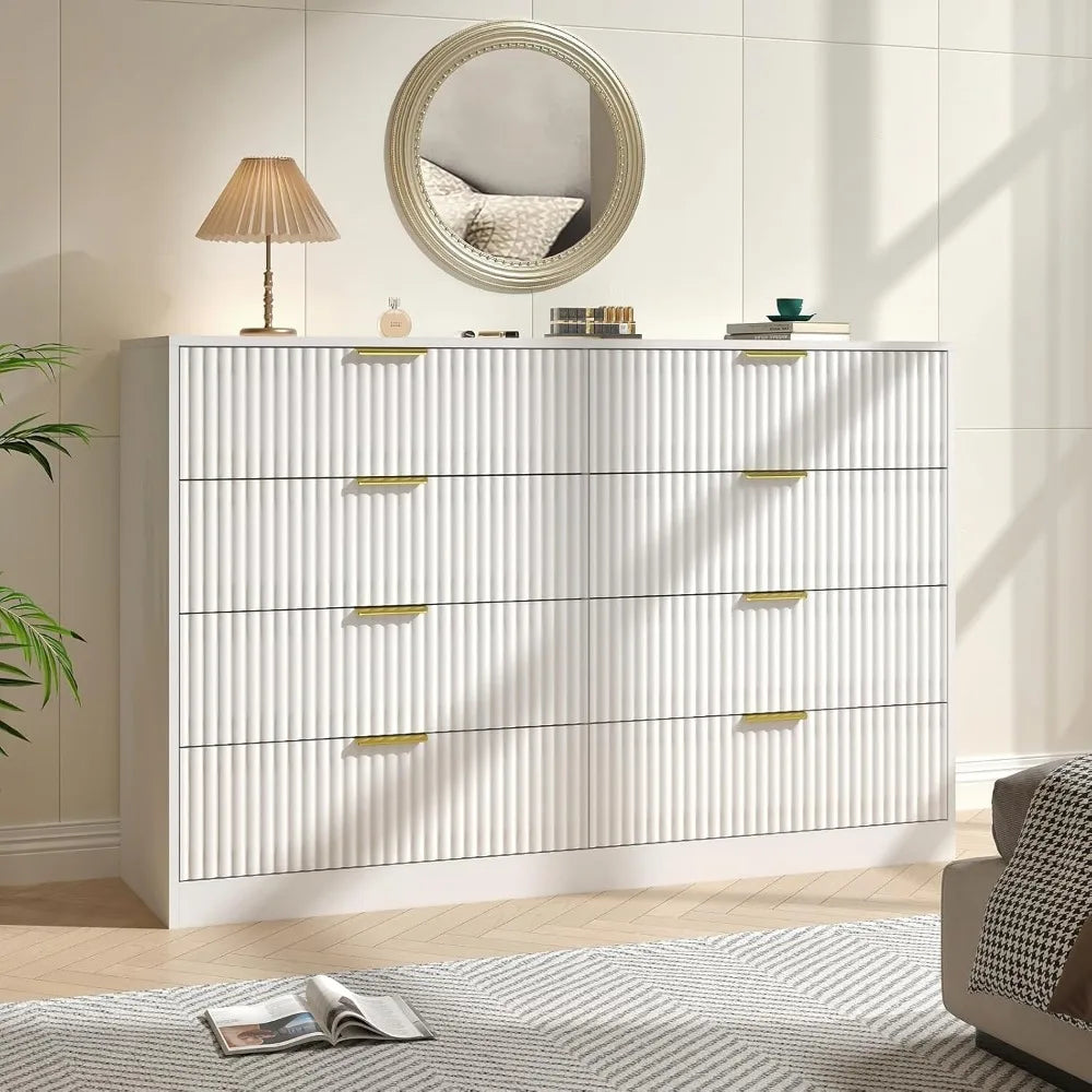 Fluted Dresser for Bedroom with 8 Drawer, 55” Wide White Double Drawer Dresser Modern Chest of Drawers with Metal Handle