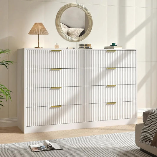 Fluted Dresser for Bedroom with 8 Drawer, 55” Wide White Double Drawer Dresser Modern Chest of Drawers with Metal Handle