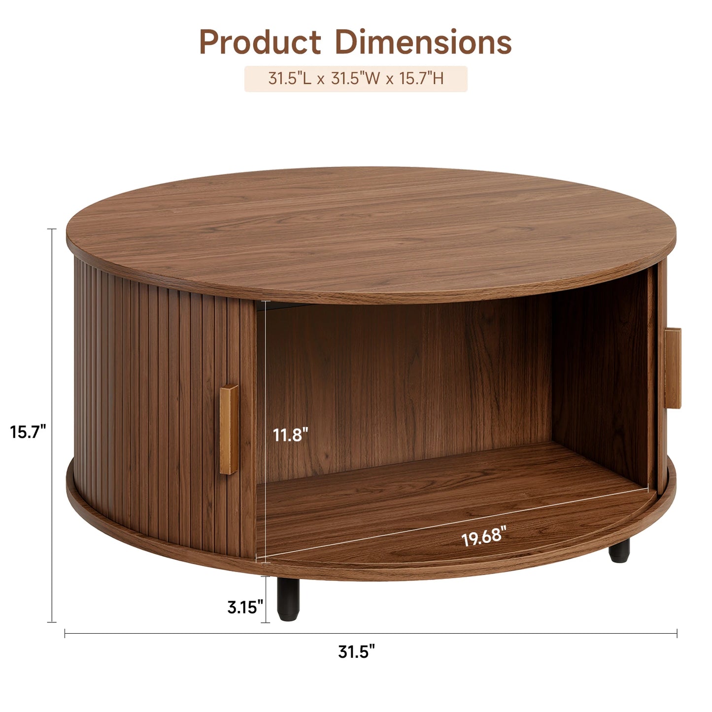 31.5" Modern Round Coffee Table with Storage with 360° Curved Sliding Door ,Fluted Wood Accent