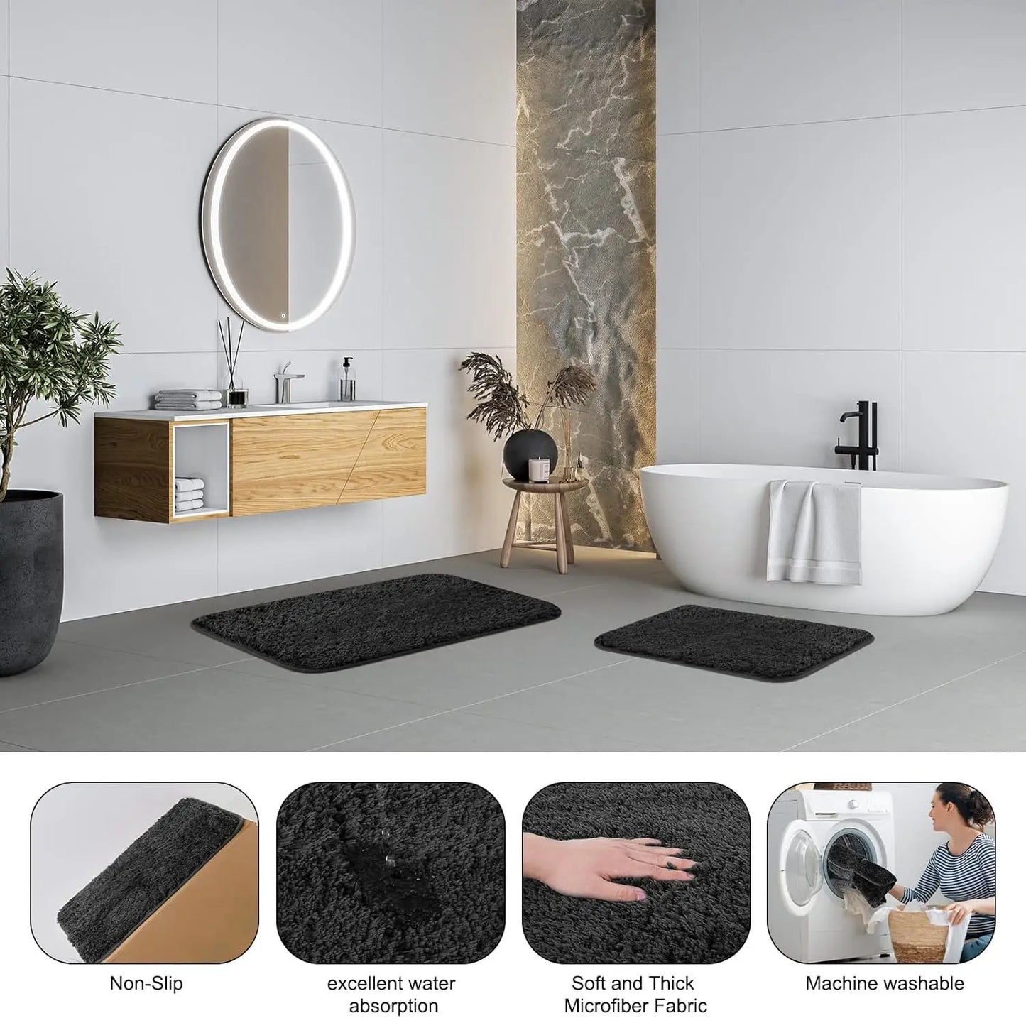 24PCS Black Bathroom Set. Shower Curtain, Rugs, Trash Can, Brush Holder, Soap Dispenser. Stylish & Functional.