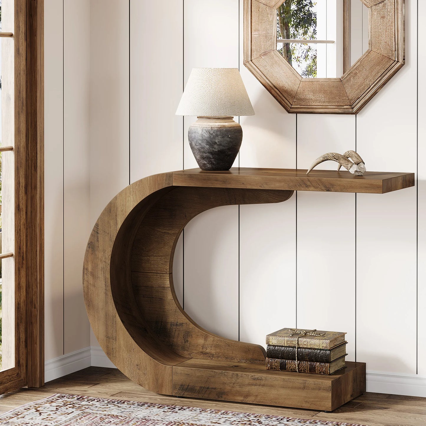 43.3" Mid-Century Modern Console Table for Entryway, Wood C-Shaped Hallway Entry Accent Table for Living Room