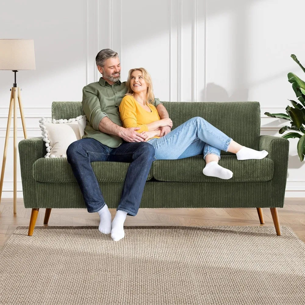 68" Loveseat Sofa Green Corduroy Couch, Mid Century Modern Love Seat Couches for Living Room