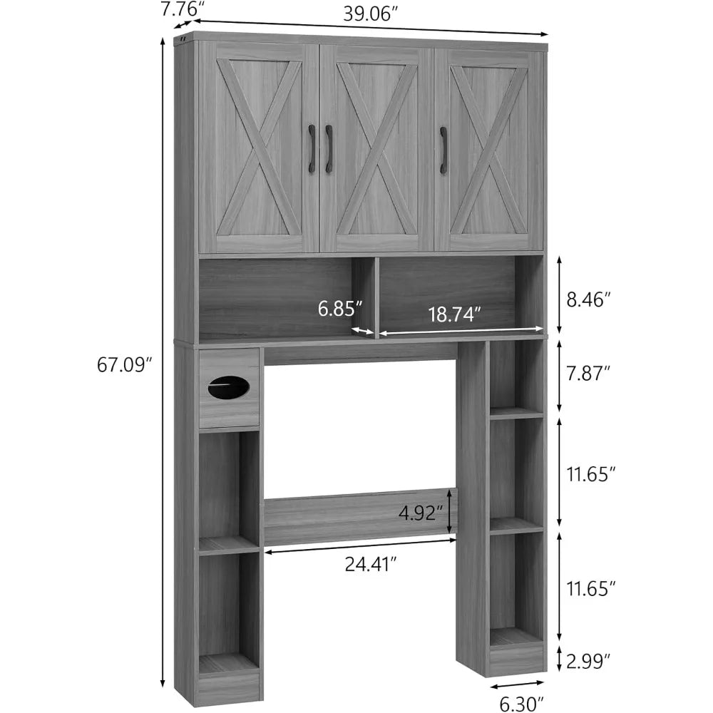 Over The Toilet Storage Cabinet, Farmhouse Toilet Cabinet Rack with 3 Barn Doors, Space Saving Bathroom Organizer with Shelves,