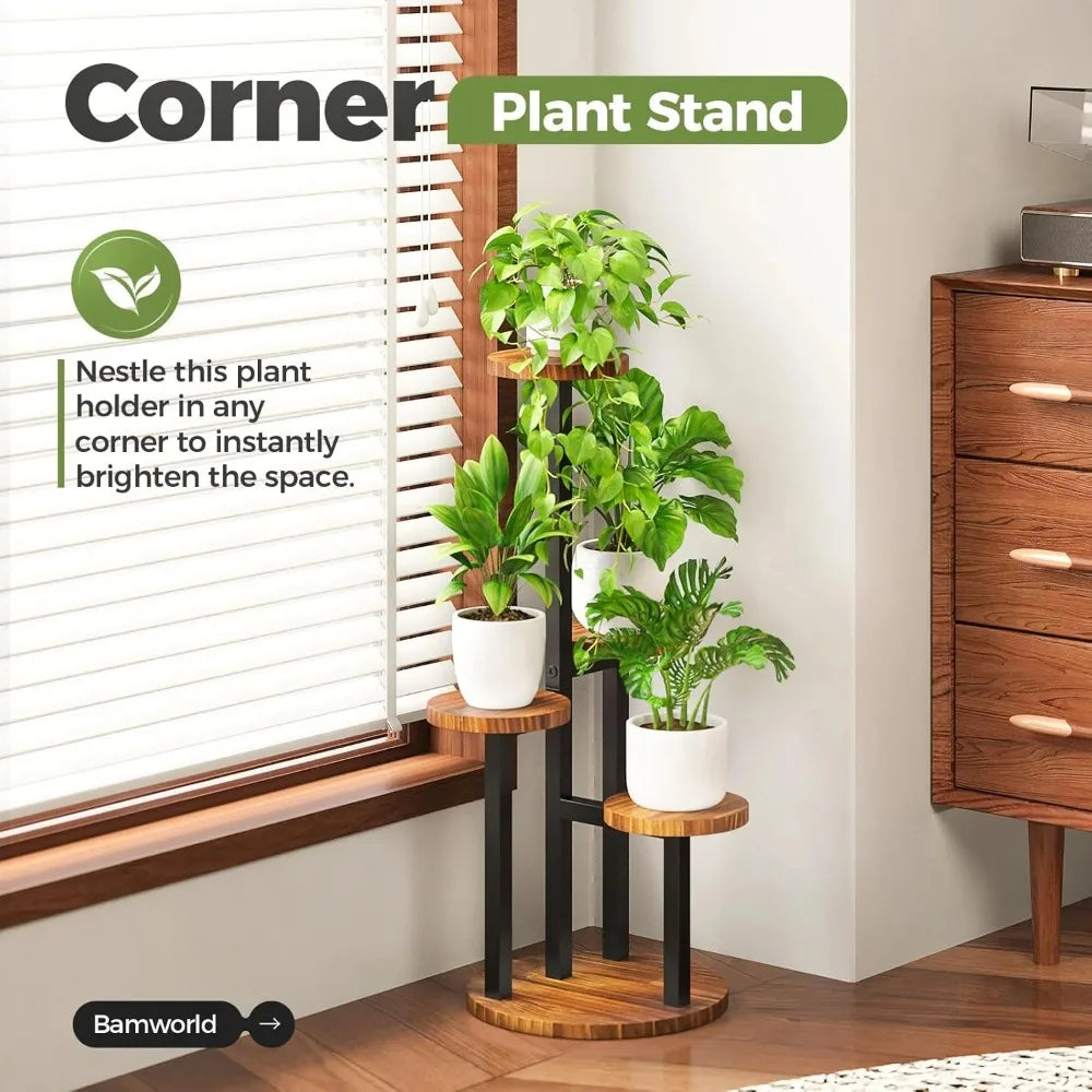 2025 NEW Bamworld Corner Plant Stand Indoor, 4 Tier Metal Plant Shelf for Multiple Plants, Tiered Small Round Flower Stand