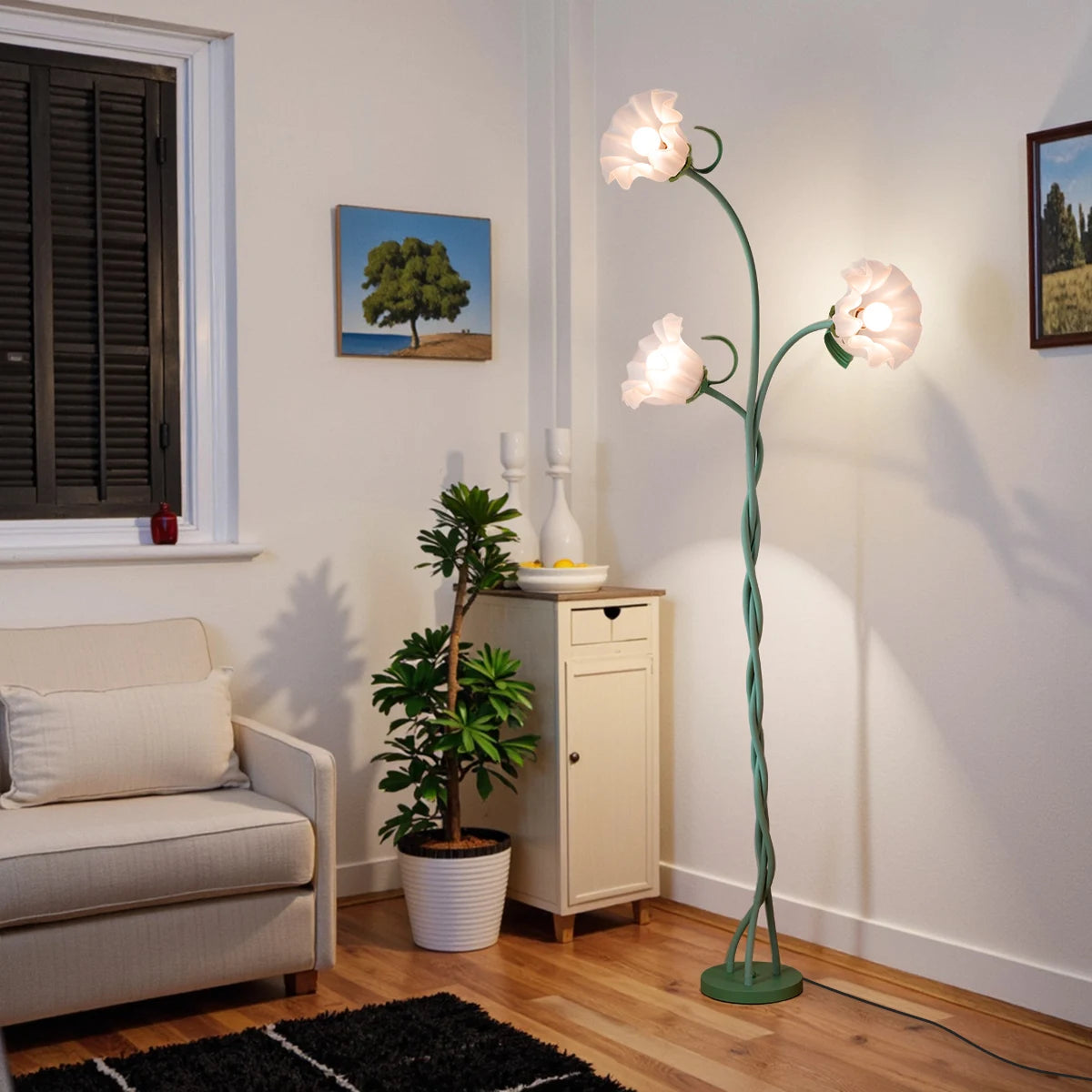 Retro 3-Head Flower Floor Lamp, Contains Bulb, 3-Color Dimmable, with Flexible Neck Shaft That Can Be Adjusted at Will