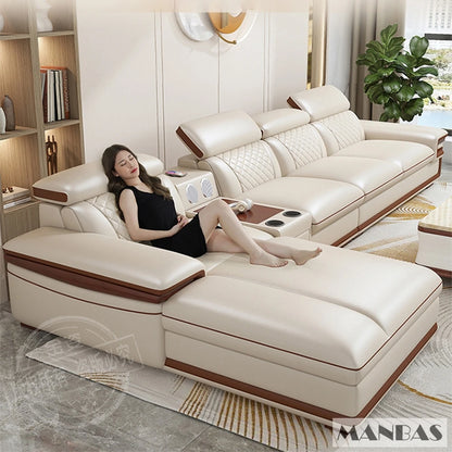 Premium Italian Genuine Leather Sofa Set for Living Room with Adjustable Headrests, Bluetooth Speaker, Wireless Charge