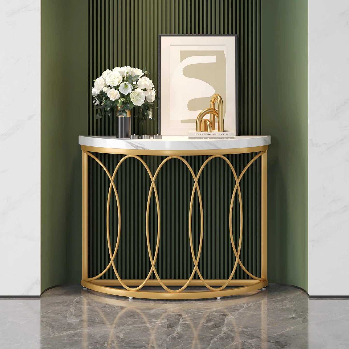 Half Moon Gold Console Table, 43" Modern Entryway Table, Narrow Semi Circle Sofa Table with Geometric Metal Frame