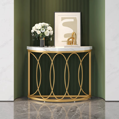 Half Moon Gold Console Table, 43" Modern Entryway Table, Narrow Semi Circle Sofa Table with Geometric Metal Frame
