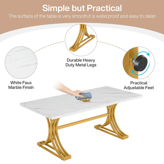 63-Inch Rectangular Dining Table for 4 to 6, Modern Kitchen Table with Faux Marble Table Top, White Dinner Tables