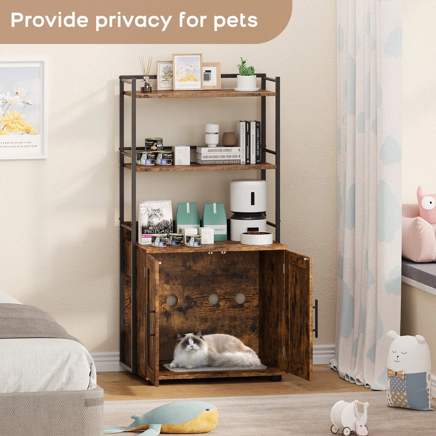 Cat Litter Box Enclosure with 2-Tier Storage Shelves and Doors Hidden Cat Washroom Cabinet Indoor Furniture Fits Most Litter Box