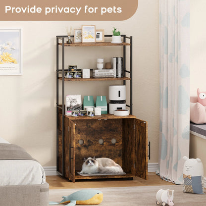 Cat Litter Box Enclosure with 2-Tier Storage Shelves and Doors Hidden Cat Washroom Cabinet Indoor Furniture Fits Most Litter Box