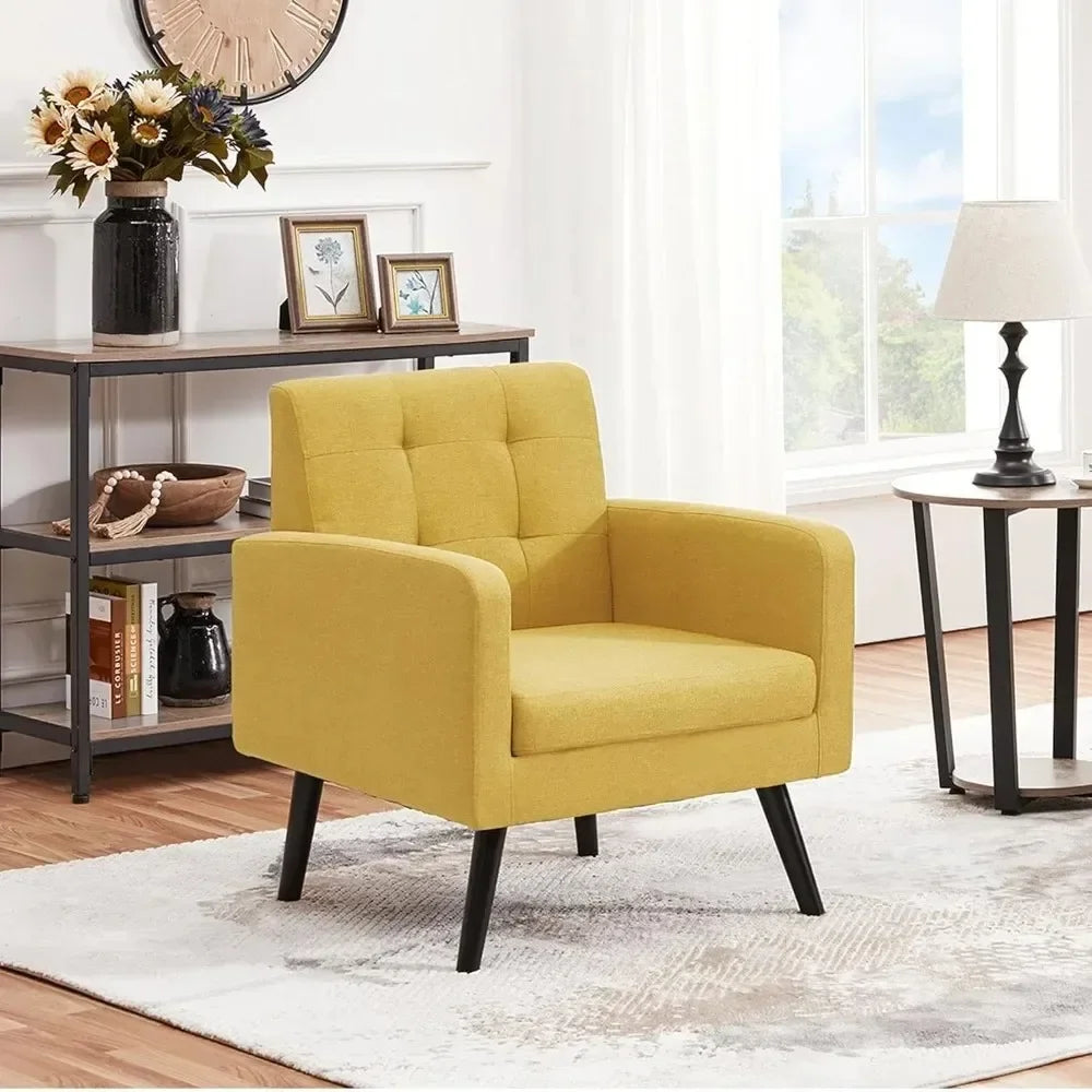 Mid-Century Style Armchair, Modern Upholstered Living Room Chair with Button Tufted Back and Solid Wood Legs