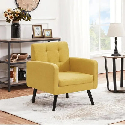 Mid-Century Style Armchair, Modern Upholstered Living Room Chair with Button Tufted Back and Solid Wood Legs