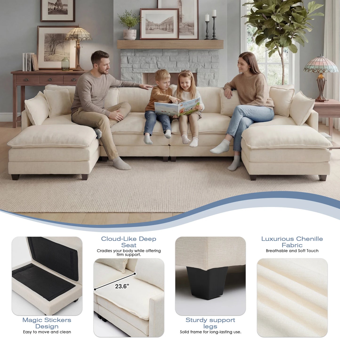 113.4" Modular Sectional Sofa with Ottoman, Comfy Cloud Couch with Deep Seat (23.6" D), Solid Wood Frame,for Living Room