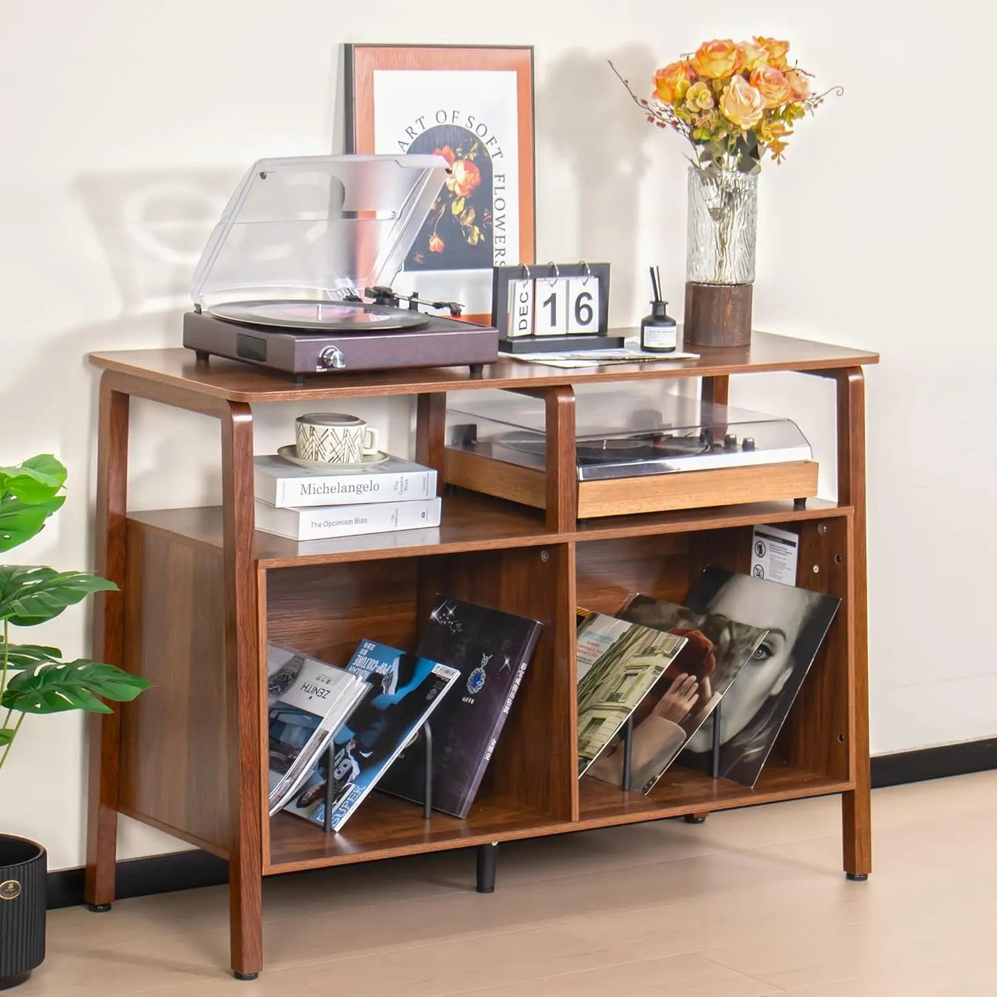 Mid Century Turntable Stand Table with Open Storage Holds up to 300 Albums, Vinyl Record Storage Display Shelf for Living Room