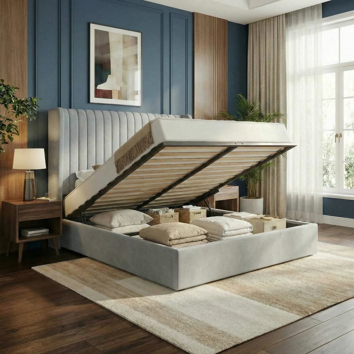 Full/Queen/King Lift Up Storage Bed Frame, Hydraulic Support System, Upholstered Platform Bed Frame, Underneath Storage,