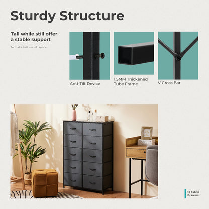 Bedside Table For Bedroom With 10 Fabric Drawers Nightstand Storage Cabinet With Steel Frame Clothes Storage Display Cabinet