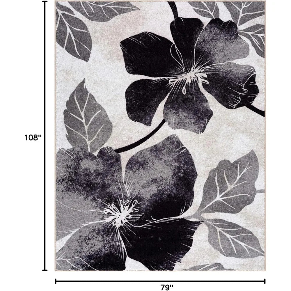 Solana Modern Floral 6'7" x 9'0" Area Rugs Non-Skid (Non-Slip) Rubber Backing Black Gray Flowers Indoor Rug