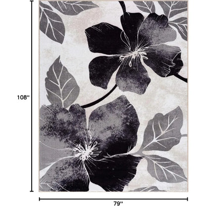 Solana Modern Floral 6'7" x 9'0" Area Rugs Non-Skid (Non-Slip) Rubber Backing Black Gray Flowers Indoor Rug