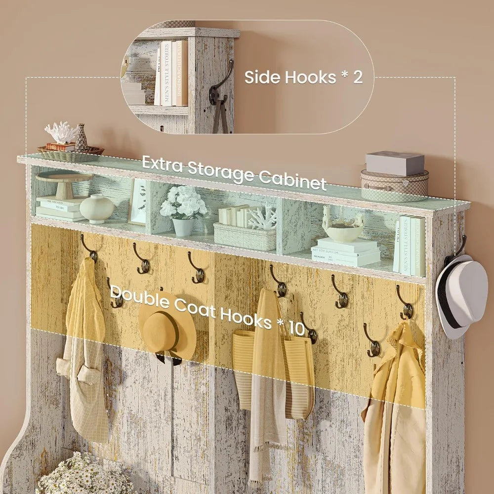 Hall Tree with Bench and Shoe Storage, 5-in-1 Entryway Bench with Coat Rack, 16 Shoe Cubbies & 12 Coat Hooks, Barn Door & Adjus