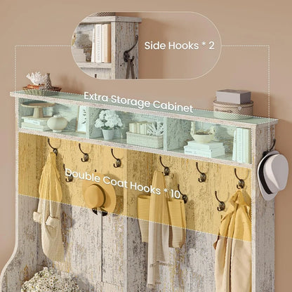 Hall Tree with Bench and Shoe Storage, 5-in-1 Entryway Bench with Coat Rack, 16 Shoe Cubbies & 12 Coat Hooks, Barn Door & Adjus