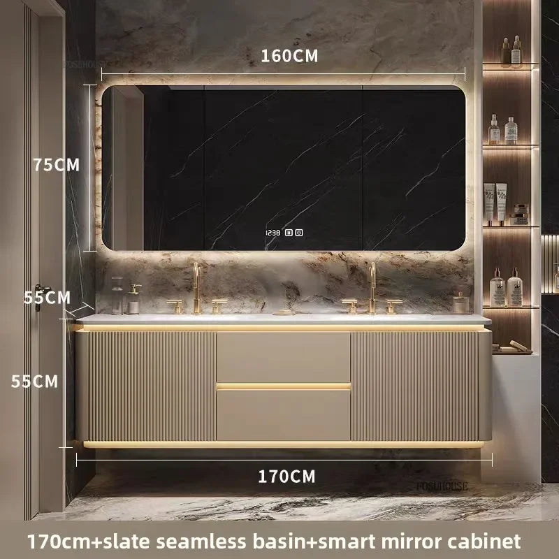 Luxury Bathroom Vanity Cabinets Set Modern Slate Single Double Basin Nordic Oak Storage Bathroom Drawer Slab Sink Mirror Cabinet