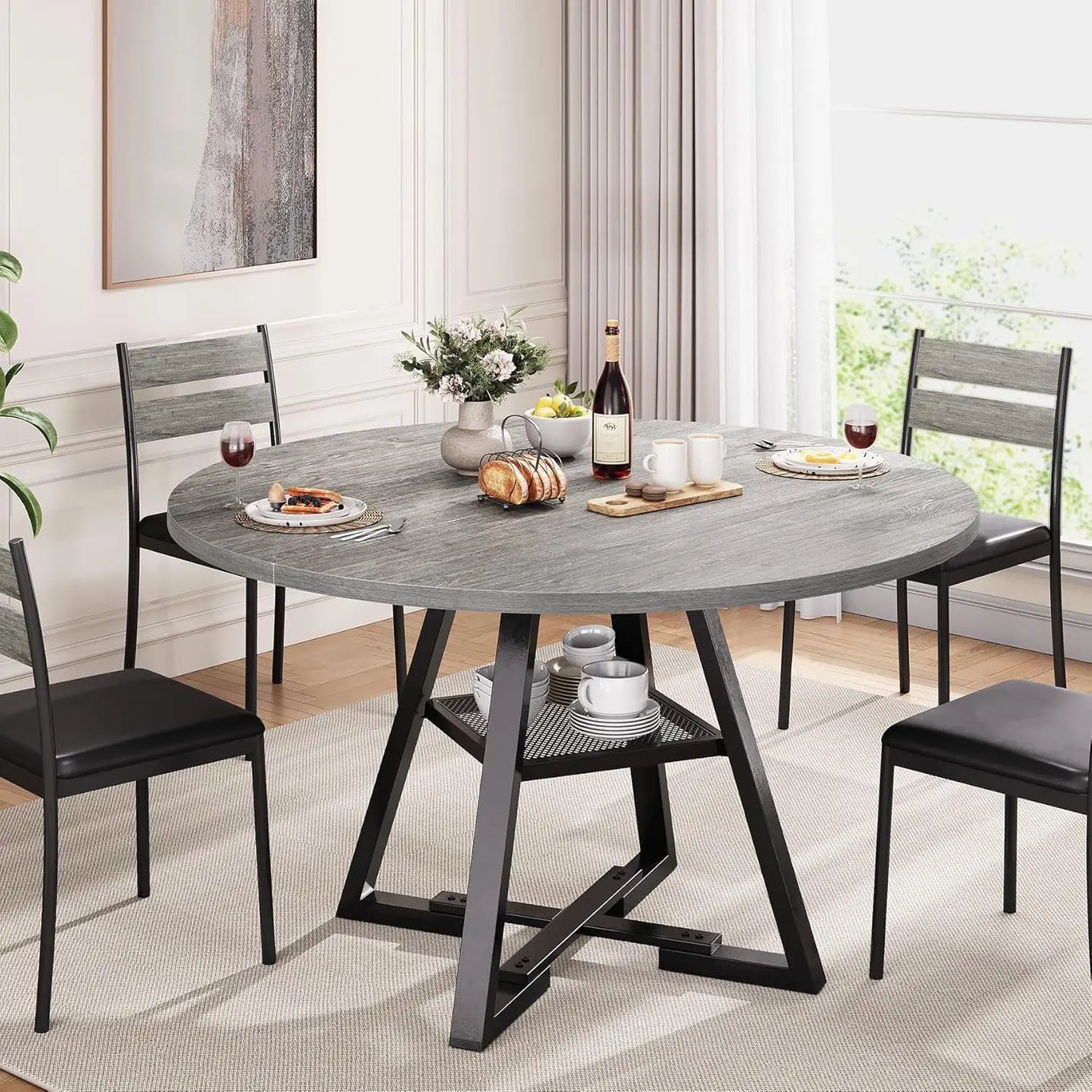 Table for 4,Kitchen Dining Room Circle Dinner Pedestal Table,Space Saving Wood Kitchen & Dining Room Furniture, 42In,Grey
