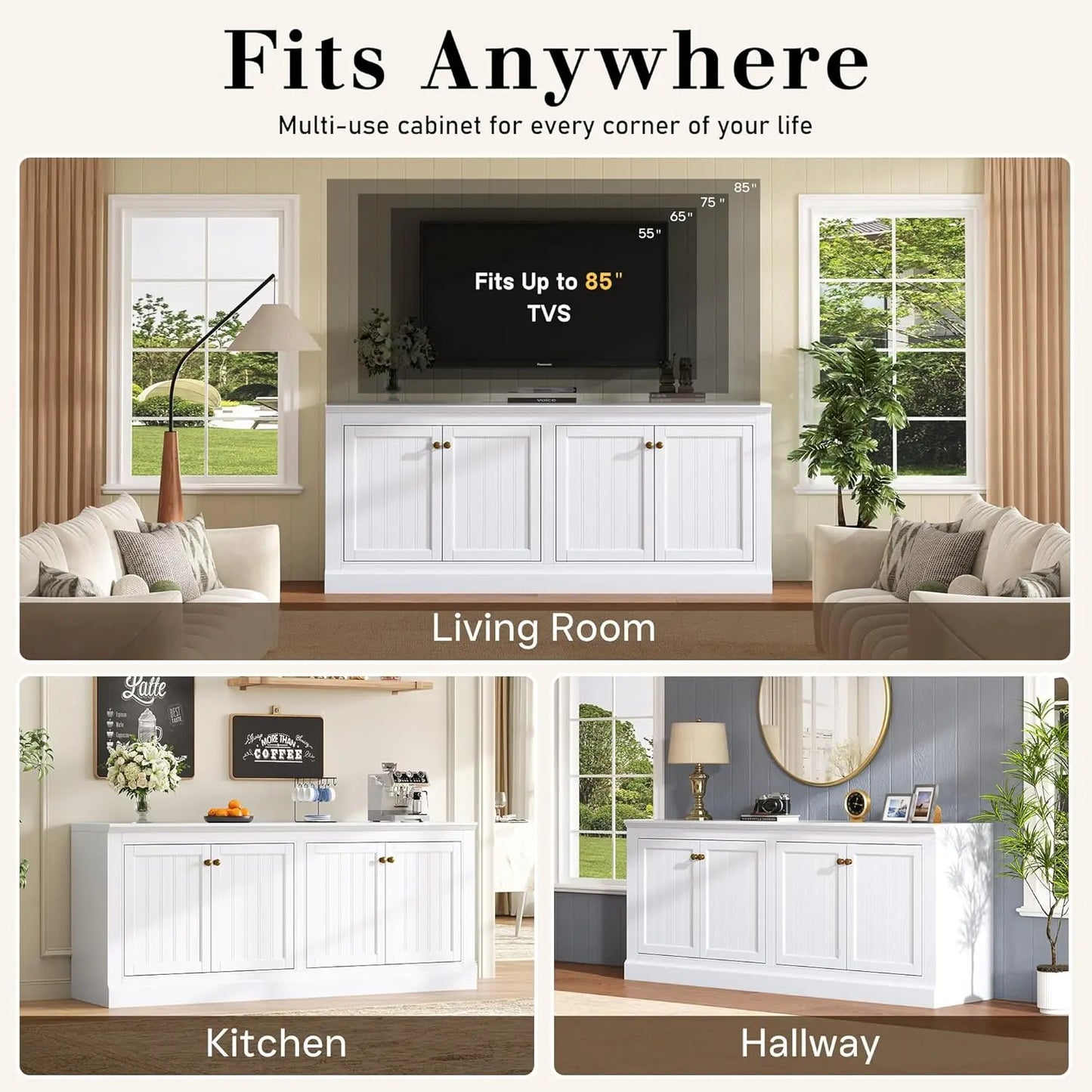 72" Farmhouse Sideboard Buffet Cabinet with Barn Doors, Storage Console Table with Adjustable Shelves, Coffee Bar/TV Stand