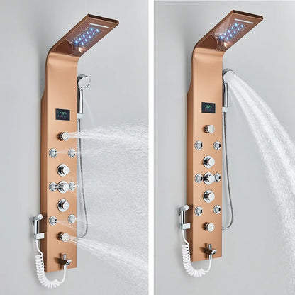 LED Light Bathroom Shower Panel Intelligent LCD Shower Column System with 6 Modes Rain Waterfall Massage Jet Bath Mixer Tap