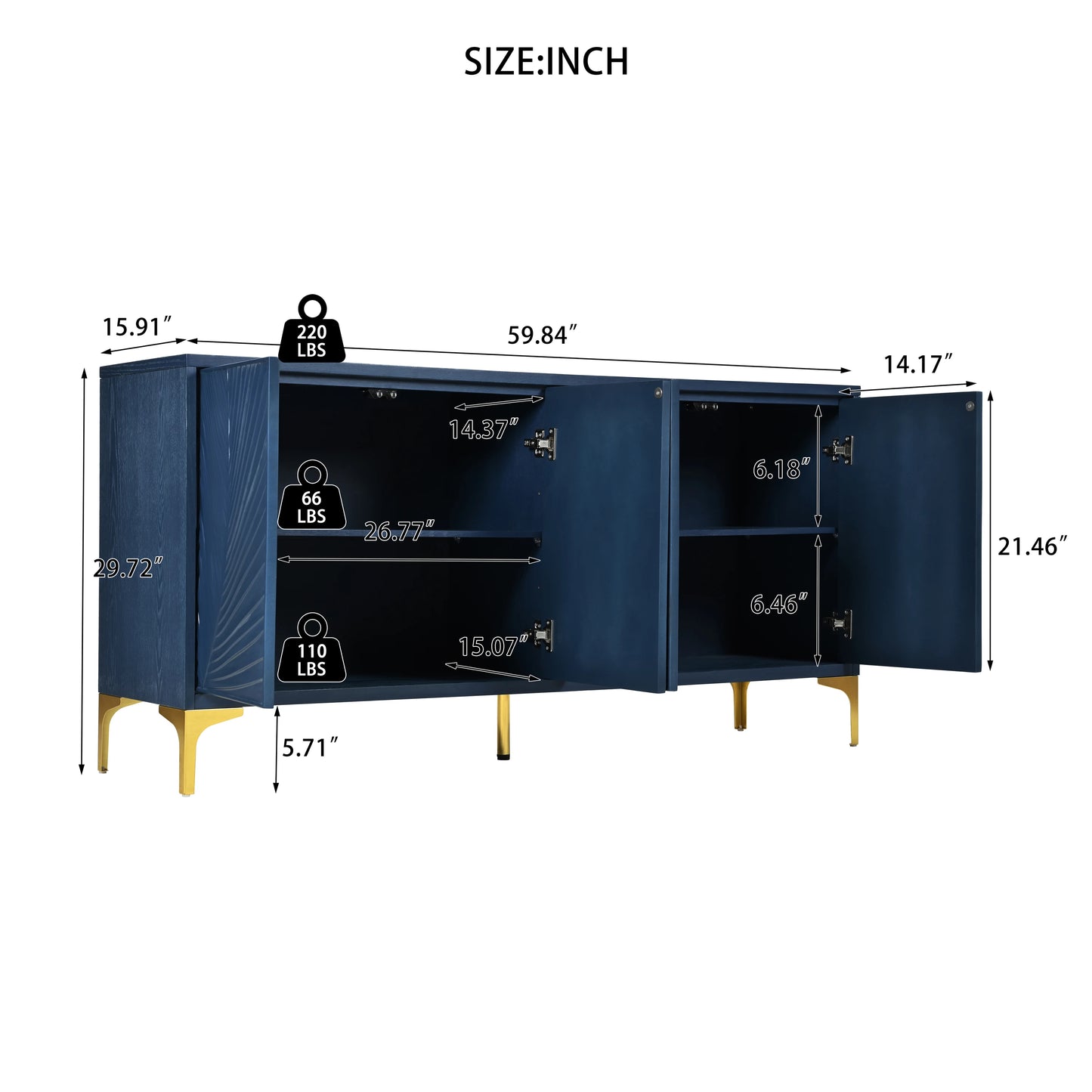 Modern 4-door Sideboard with Creative carved and shaped surface and Adjustable Shelves, Suitable for Study, Living Room