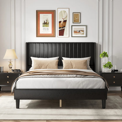 Basic Upholstered Platform Bed Frame with Modern Wingback Headboard Wooden Slats 800lbs Capacity No Box Spring Needed Easy Assembly For Bedroom