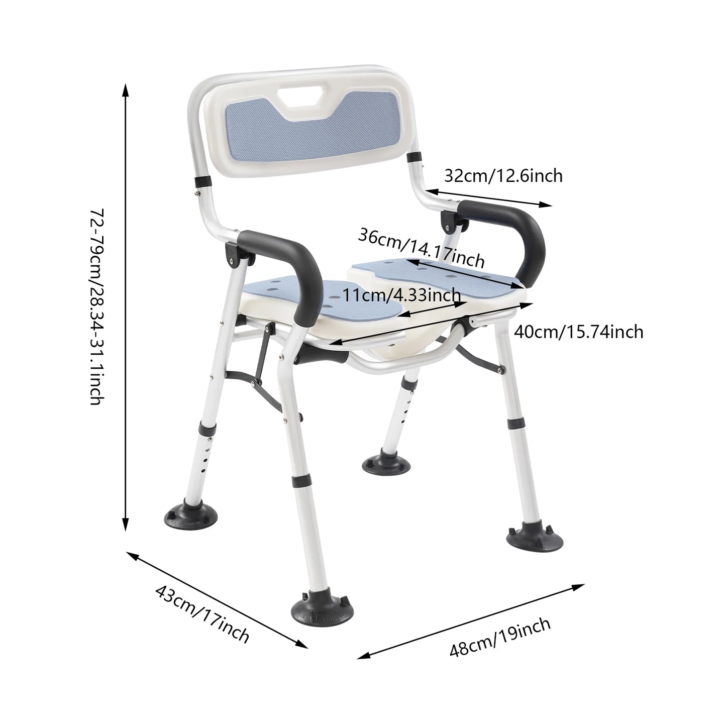 Heavy Duty Shower Chair U Shape Seat Foldable Shower Chair for Private Washing Elderly and Disabled Adjustable Height 72-79cm