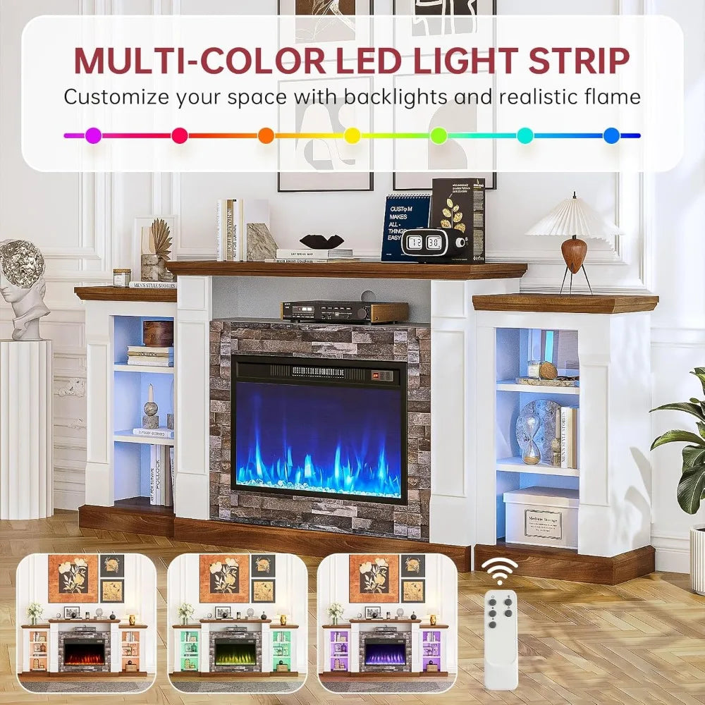 Modern 70" TV Stand with Electric Fireplace, Mantel, and Open Storage, Remote Control, Adjustable Entertainment Center