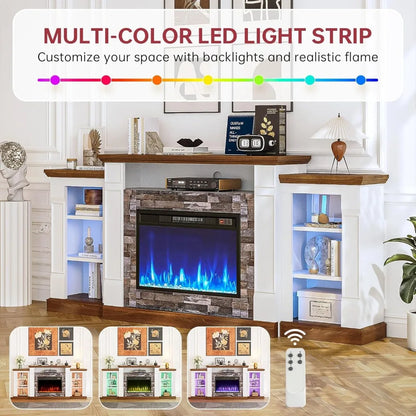 Modern 70" TV Stand with Electric Fireplace, Mantel, and Open Storage, Remote Control, Adjustable Entertainment Center