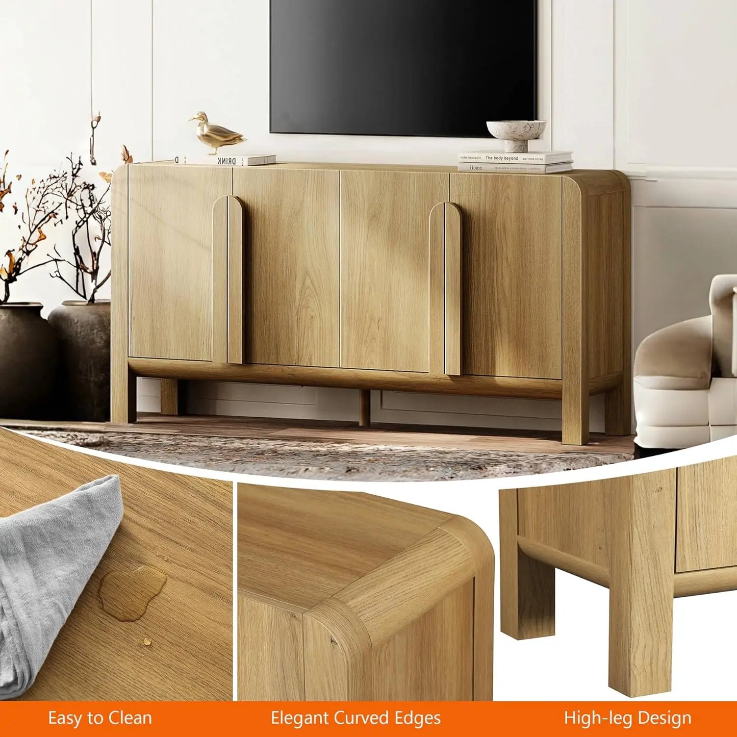 63" W Large Buffet Sideboard Cabinet with Storages, Modern Buffet Table Coffee Bar Wine Bar Storage Curved Cabinet, Customized