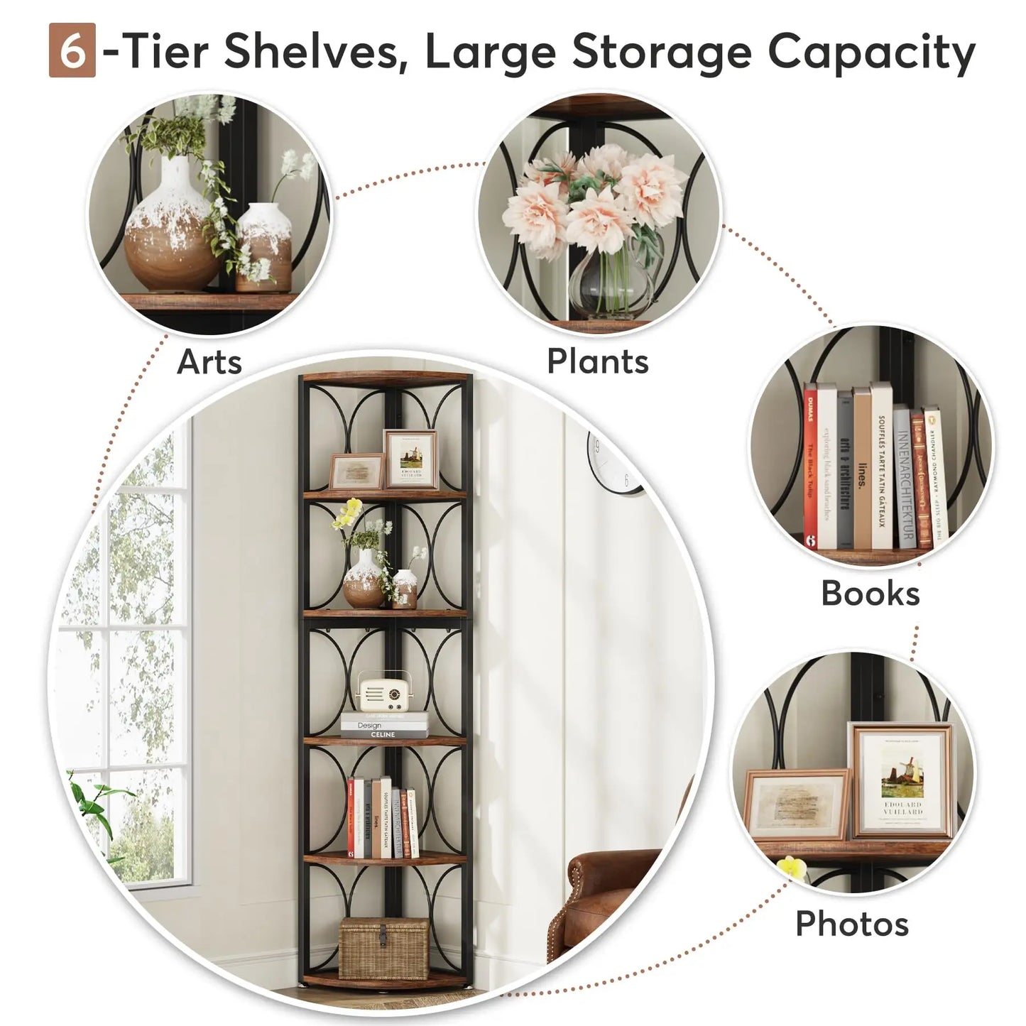 67 inch Tall Corner Shelf, 6 Tier Rustic Corner Bookshelf Bookcase Storage Rack Standing Shelving Unit