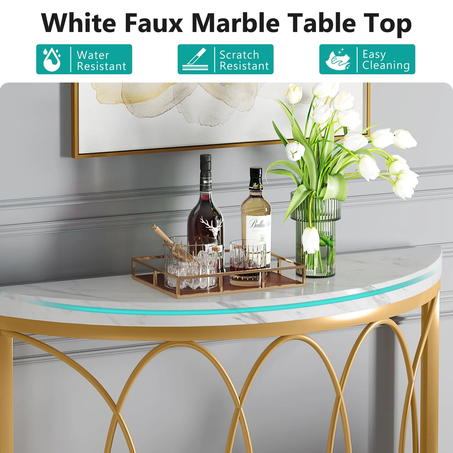 Half Moon Gold Console Table, 43" Modern Entryway Table, Narrow Semi Circle Sofa Table with Geometric Metal Frame