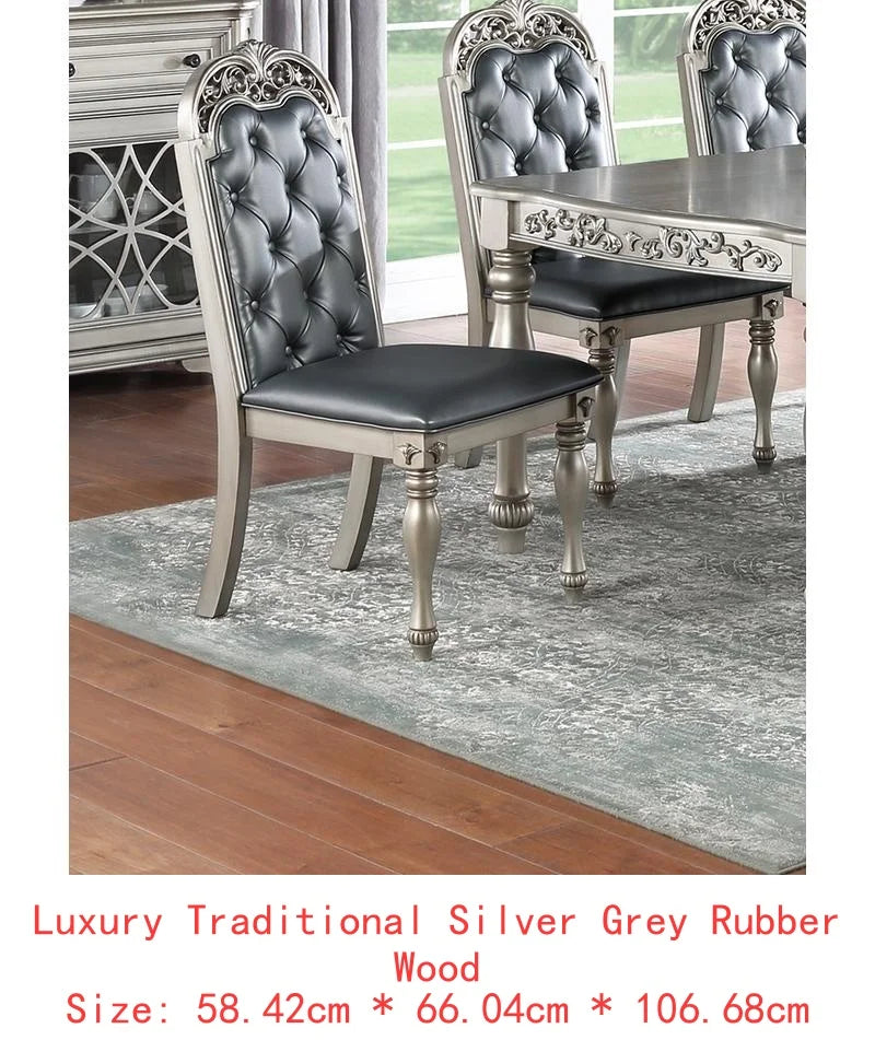 Formal 1pc Dining Table with 2 Leaves, Silver Grey Finish, Antique Design, Rubberwood, Large Family Dining Room Furniture