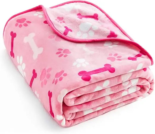 Luxurious Dog Blanket, 350 GSM Super Fuzzy Microplush Fleece Pet Blankets for Small Medium Large Dogs and Cats, Pink Paw and Bo