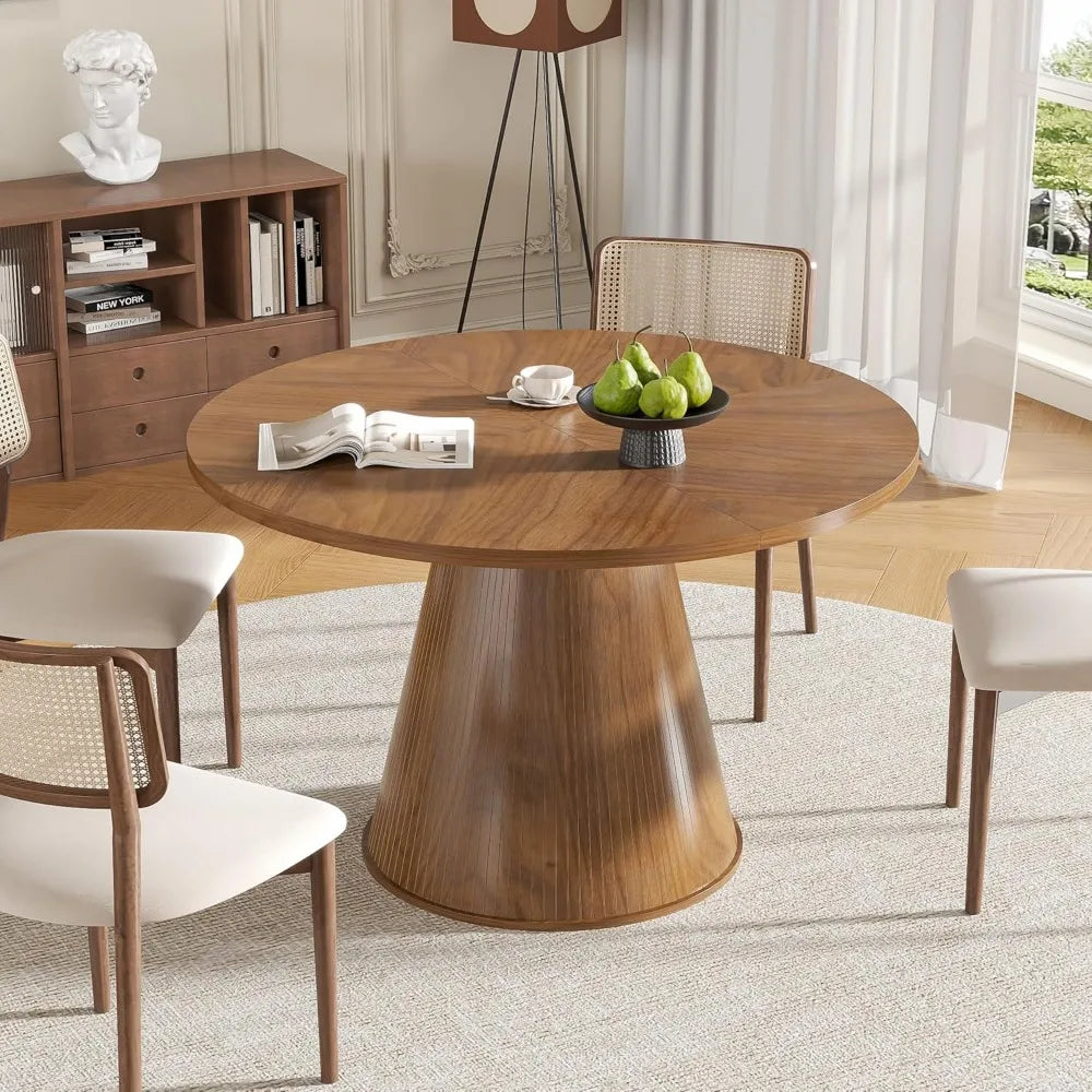 Round Dining Table for 4, Farmhouse Fluted Dining Kitchen Table, 47 Inch Modern Wood Small Circle Dining Table
