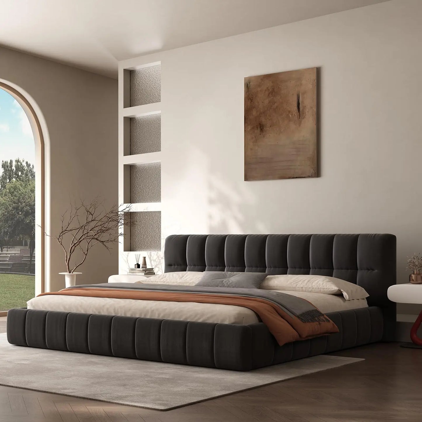 Queen Size Modern Cloud Platform Bed with 38.5-inch High Extra-Thick Soft Headboard, Includes Footboard, Block Design, Cream Uph