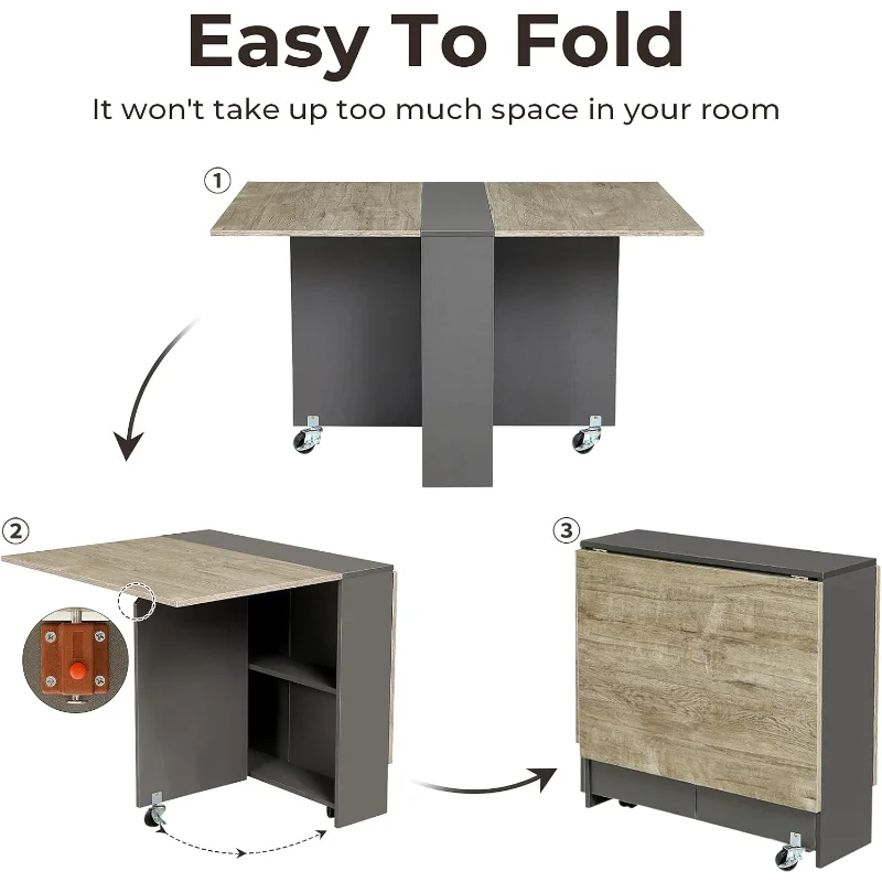 Folding Drop Leaf Dining Table with 6 Wheels and 2-Layer Storage Shelf, Space Saving Table for Small Spaces, Chestnut